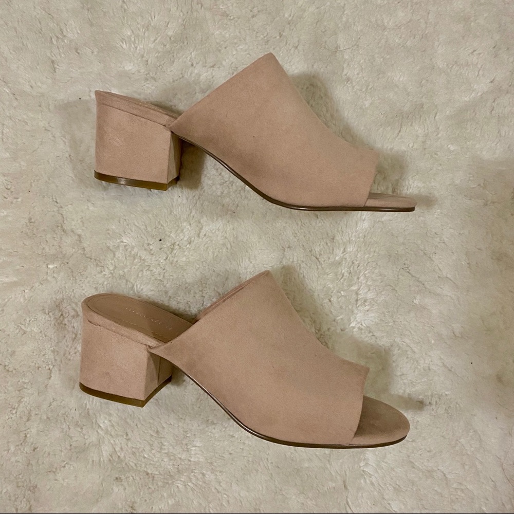 pink suede block heels